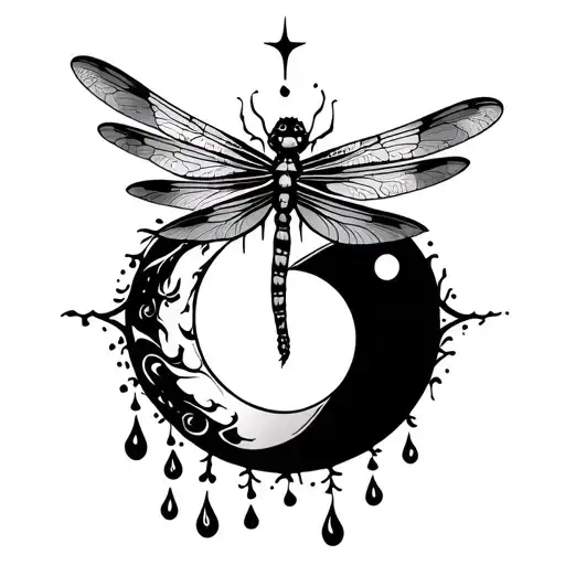 A tattoo with a dragonfly and a crescent moon, with tear drops surrounding it and a ying yang symbol  - Variation 2