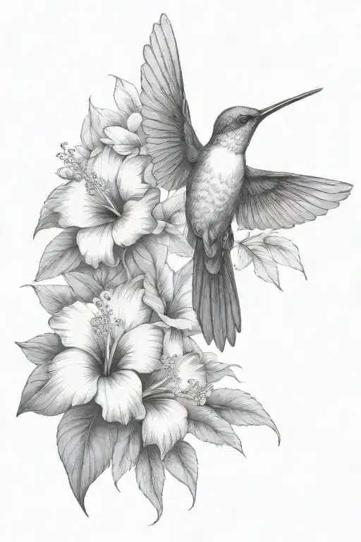 hummingbird with hibiscus and leaves
