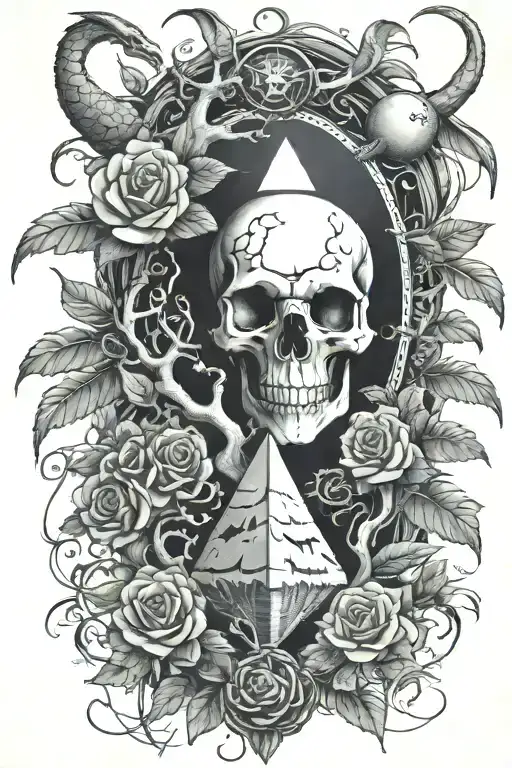 eyeball pyramid dragon roses skull tattoo design inspired tattoo with a big tree waterfall moon whale nasty bird snakes - Variation 2