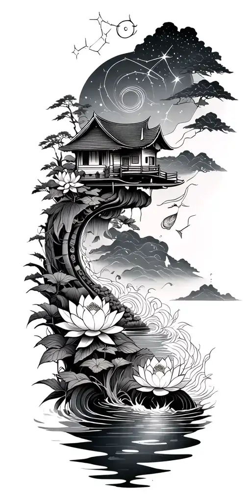 path of enlightenment along sleeve from wrist to shoulder. lotus, water, constellation, koi, bamboo, small house - Variation 3