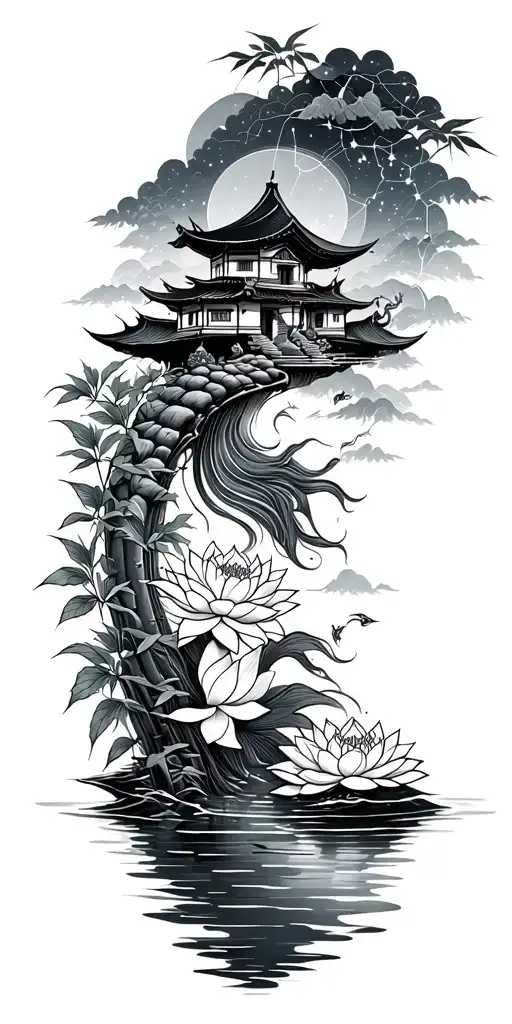 path of enlightenment along sleeve from wrist to shoulder. lotus, water, constellation, koi, bamboo, small house - Variation 4