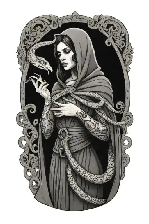 lilith standing in a cloak holding a snake
