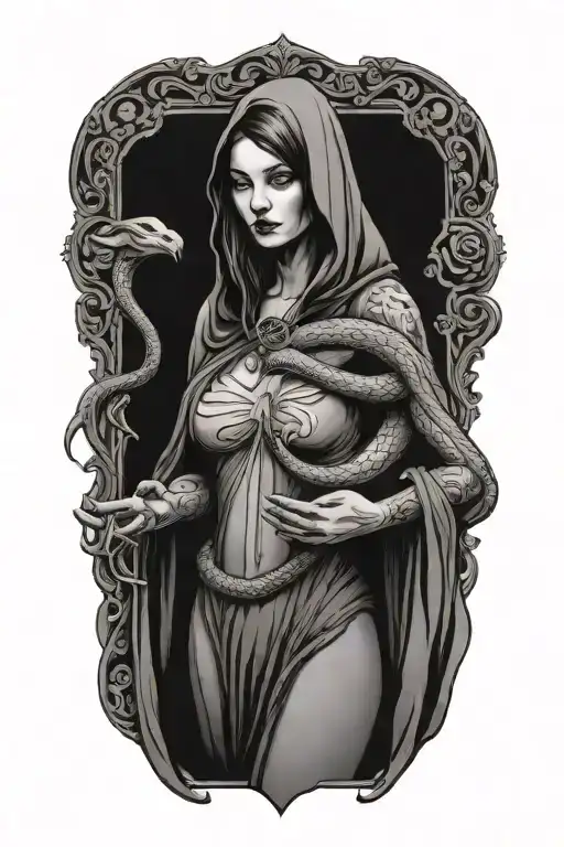 lilith standing in a cloak holding a snake - Variation 2