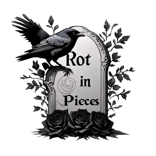 a tombstone with "rot in pieces" with a crow on it and black roses - Variation 2