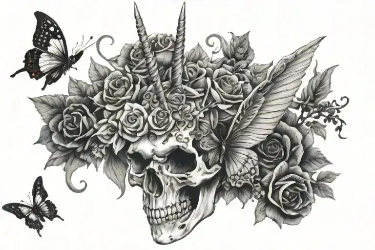 Unicorn Skull butterfly tattoo