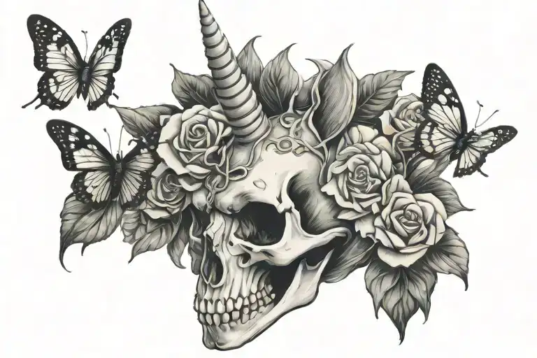 Unicorn Skull butterfly tattoo - Variation 2