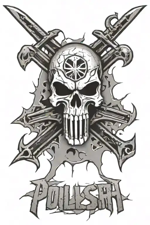 the Polish Fighting symbol with the Punisher skull and a cracked wall background in black and white with any additions - Variation 2