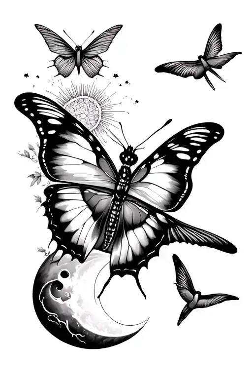butterfly dragonfly hummingbird merged together with sun and moon incorporated