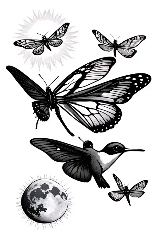 butterfly dragonfly hummingbird merged together with sun and moon incorporated - Variation 2