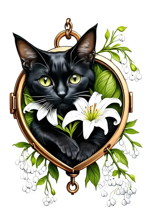 black cat holding lily of the valley inside of a heart locket - Variation 3
