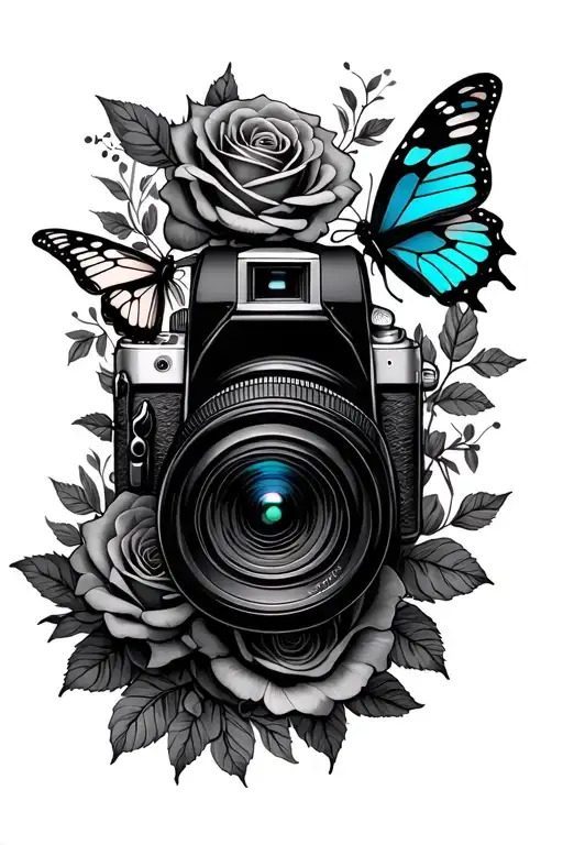 Camera with roses and butterfly surrounded