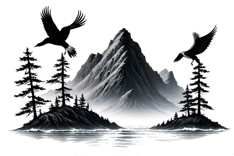 mountain trees ocean birds - Variation 2