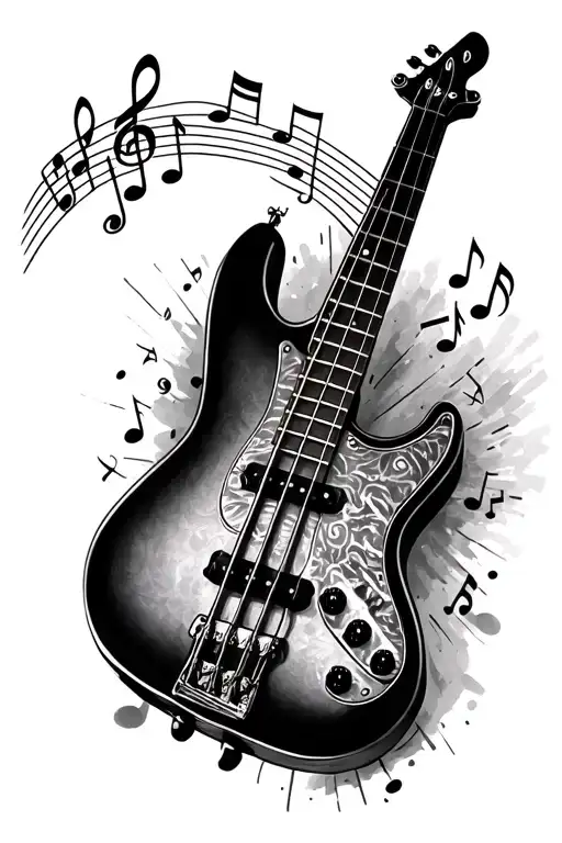 full bass guitar with musical notes and bass clef