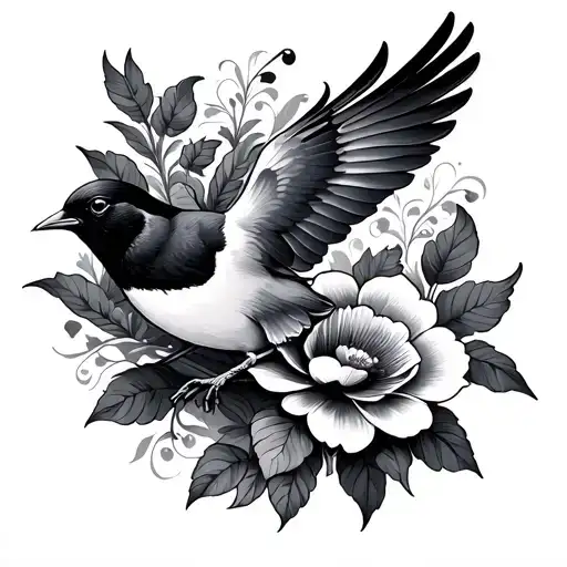 baroque flower and sparrow flying - Variation 2