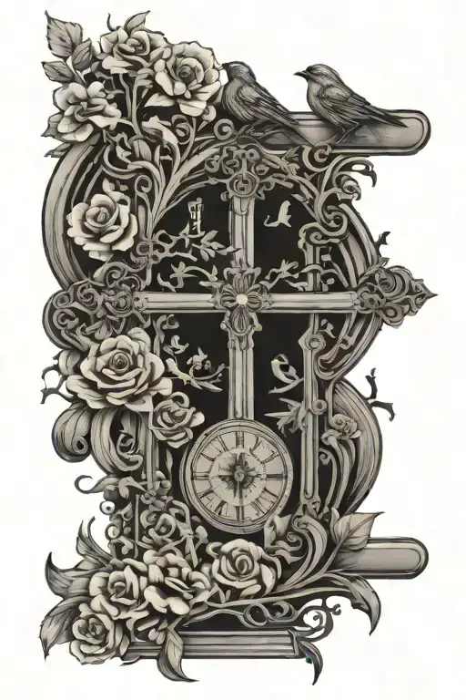 rod wave inspired design with birds,time,trees,flowers,crosses