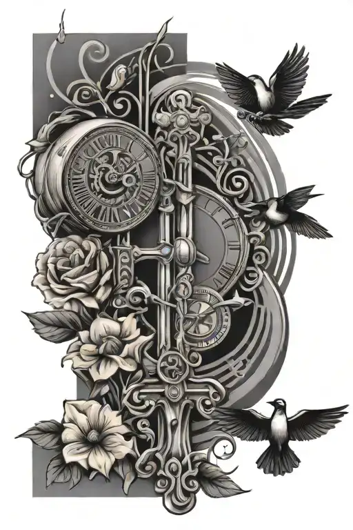 rod wave inspired design with birds,time,trees,flowers,crosses - Variation 2