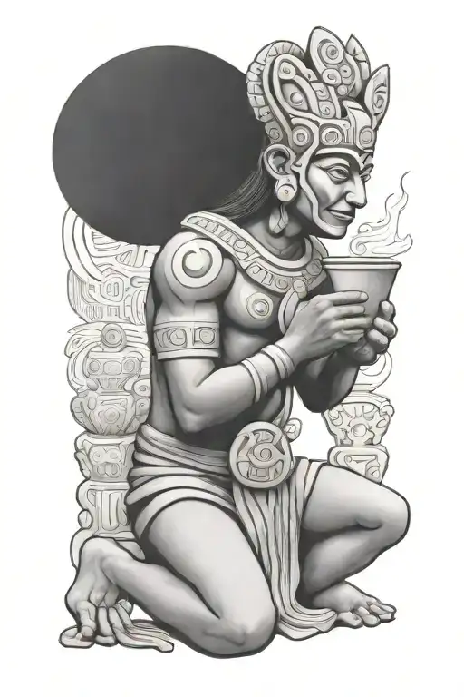 mayan god itzamná kneeling praying holding a cup - Variation 2