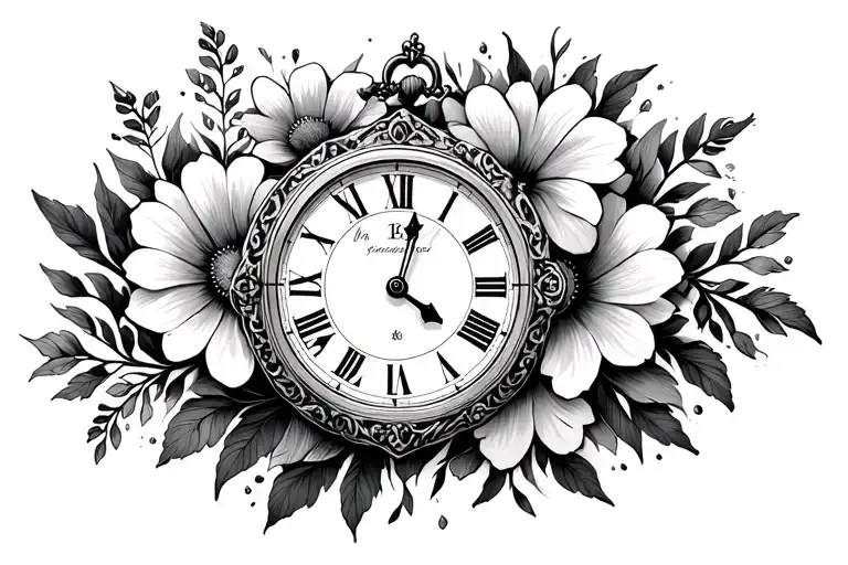 Watch with flowers and datasum old clock (symbol of time and memories) with the pointers pointing to time - Variation 2