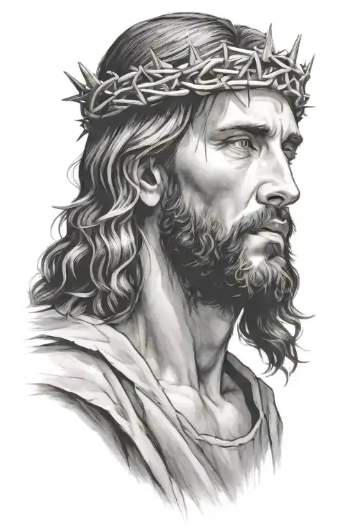 Hyper realistic portrait of Jesus Christ with a crown of thorns, looking down