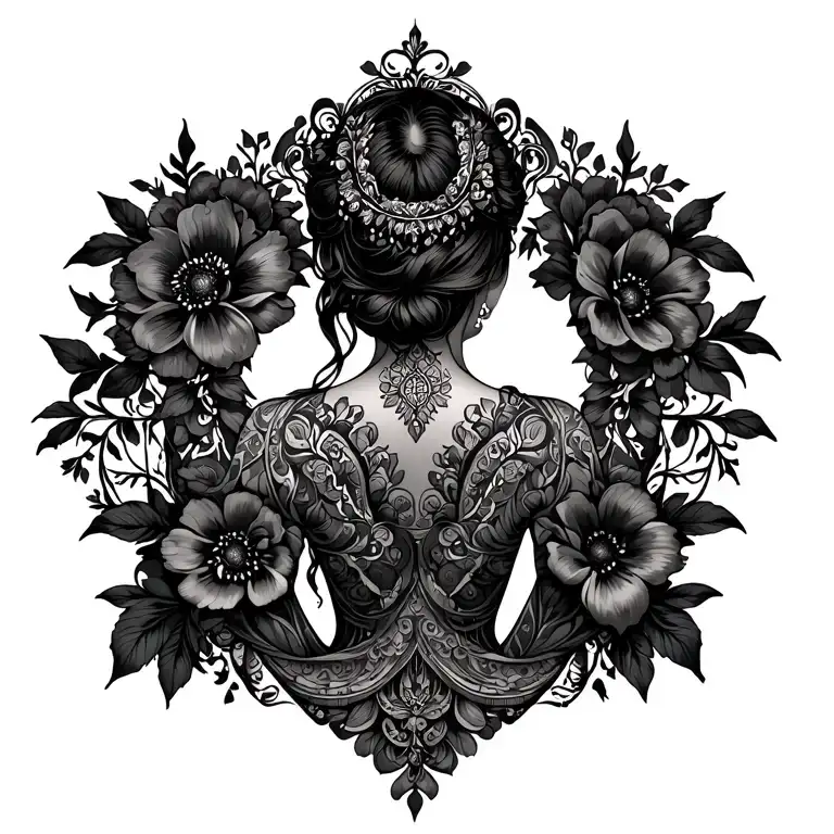 full back piece that combers the back and shoulders with flowers, arab women, ornate design incorporating elements