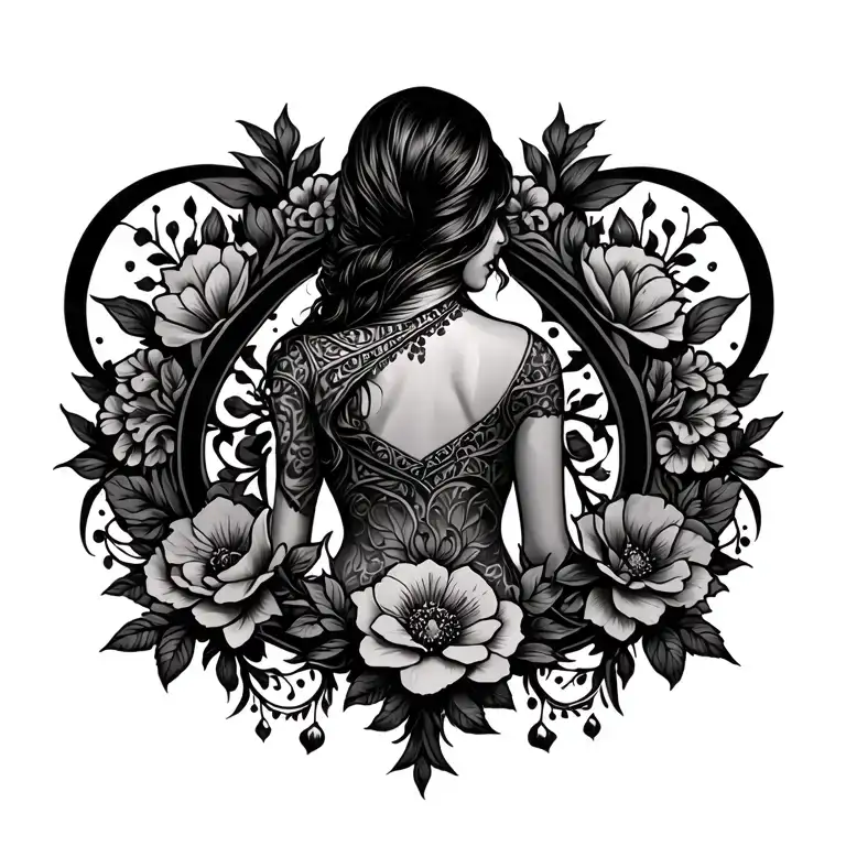 full back piece that combers the back and shoulders with flowers, arab women, ornate design incorporating elements - Variation 2