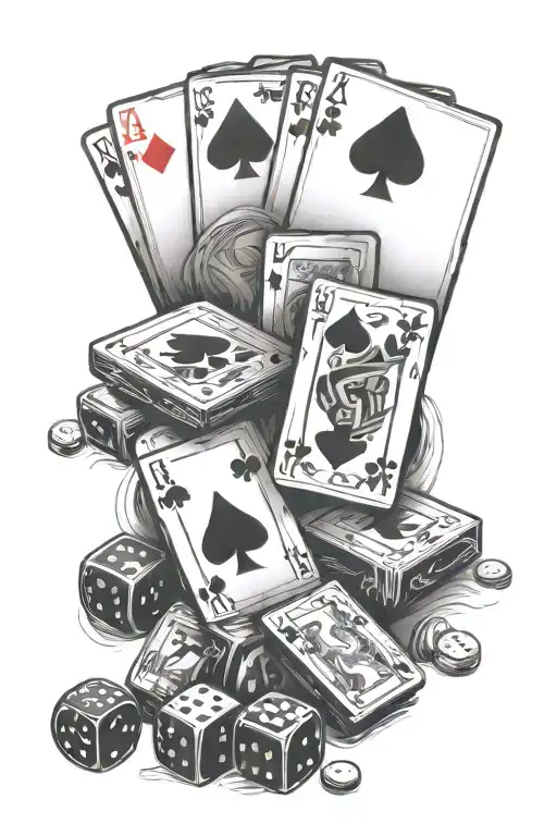 money with playing cards and dice