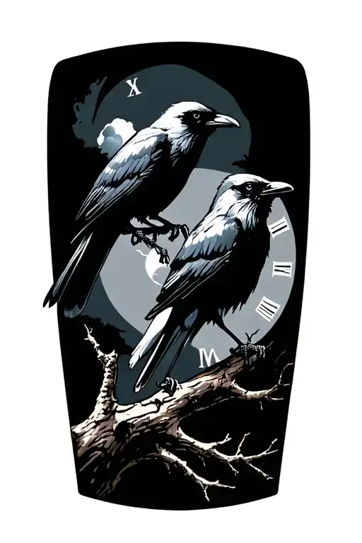 night sky, crows, tree branch, time