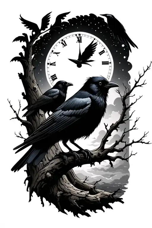 night sky, crows, tree branch, time - Variation 2