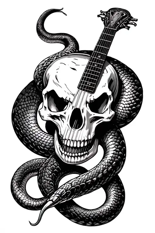 realistic snake skull with guitar merging