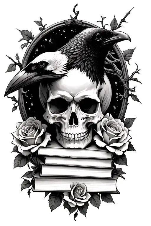 skull,raven, books, gothic, thorn vines, roses 