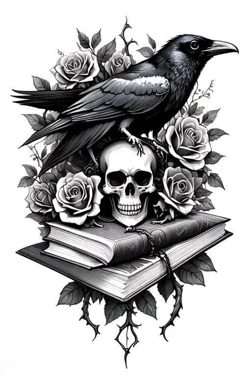 skull,raven, books, gothic, thorn vines, roses - Variation 2
