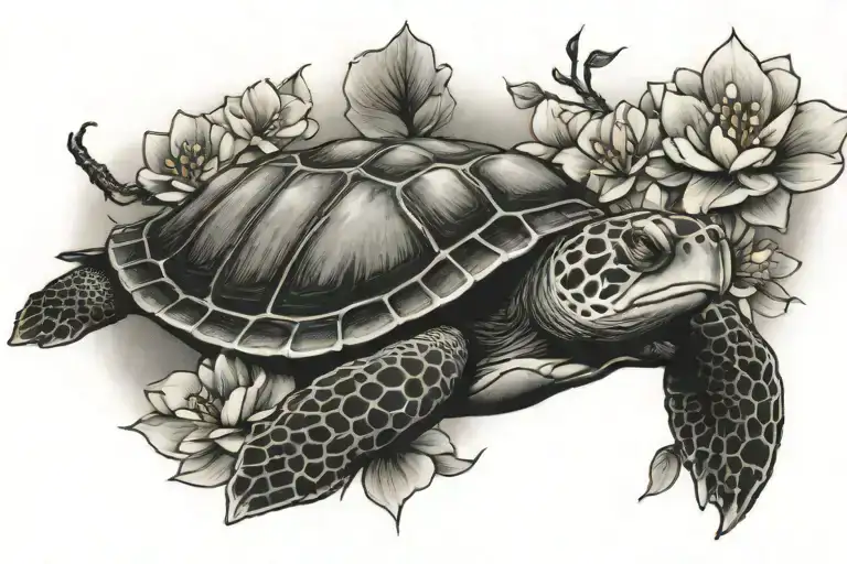 turtle peeking thru lotus flower blooming cherry blossom - Variation 2