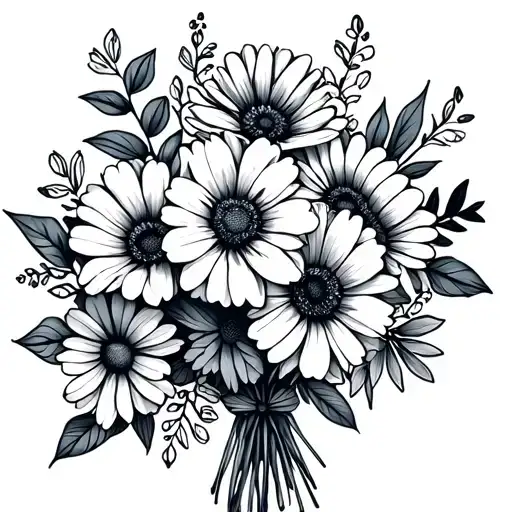 single line bouquet of flowers with the birth month flowers of December, September, June, and August - Variation 2
