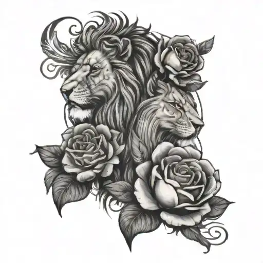 lion face and phenix head with 3 full roses below the image