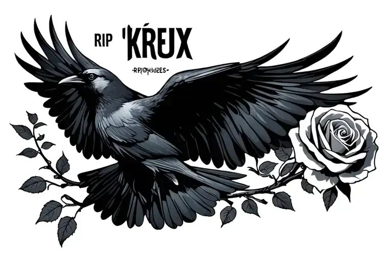 "RIP Kreux" Crow flying with Rose - Variation 2