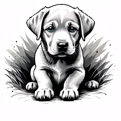 Minimalist of a golden labrador puppy sitting sideways with blue eyes looking forward at a 90° angle