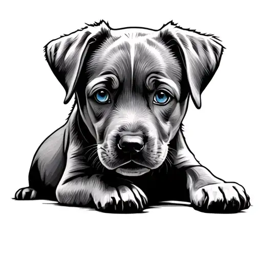 Minimalist of a golden labrador puppy sitting sideways with blue eyes looking forward at a 90° angle - Variation 2