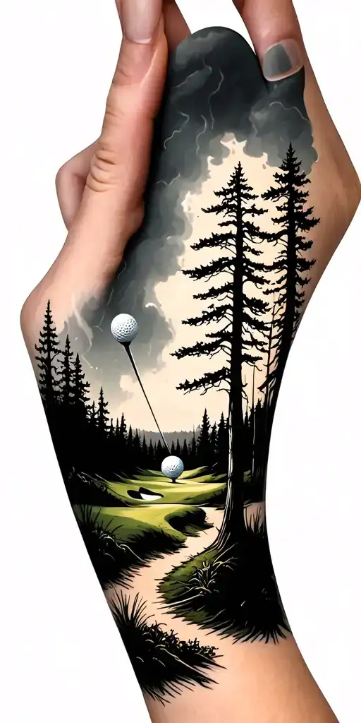 creepy forest scene with stormy sky golf course golf ball - Variation 5