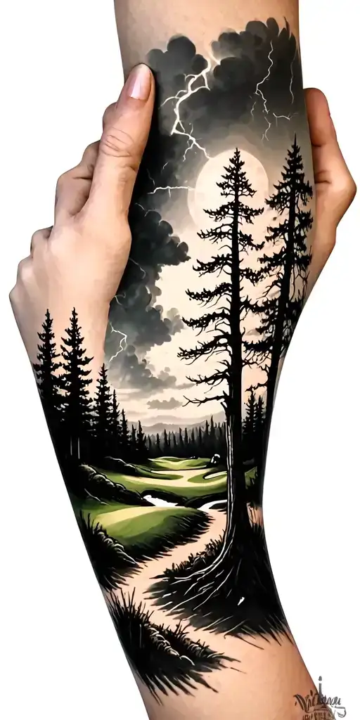 creepy forest scene with stormy sky golf course golf ball - Variation 6
