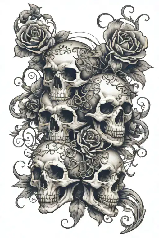 writhing skulls with vines wrapped and flowers intertwined