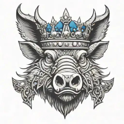 boar head with blue eyes wearing a crown in chains with mouth open with a petterned background