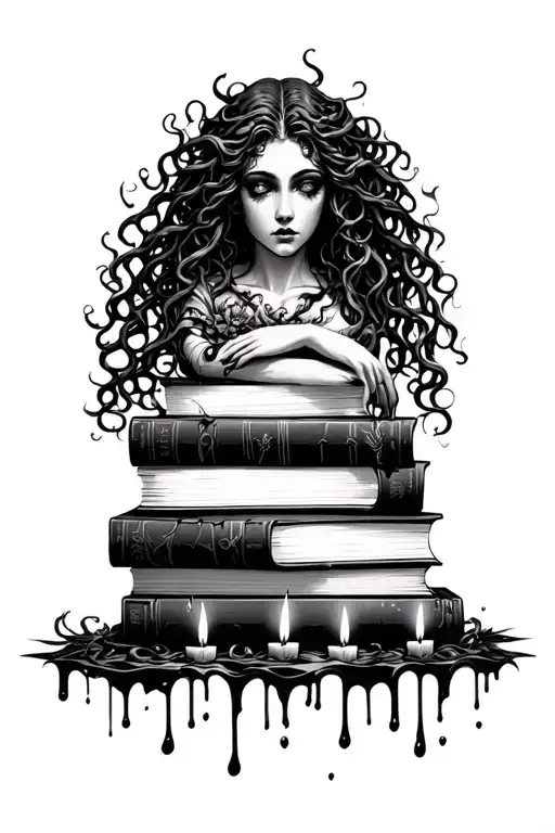 medusa wrapping around to stack of dark romance books with wax dripping candles  - Variation 3