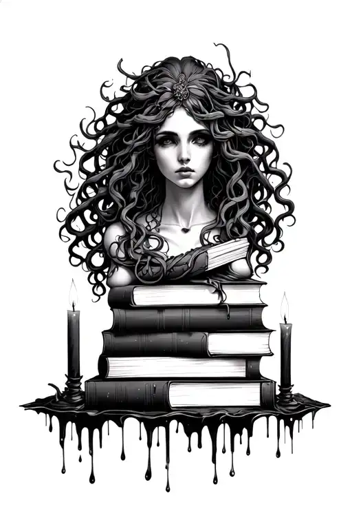 medusa wrapping around to stack of dark romance books with wax dripping candles  - Variation 4