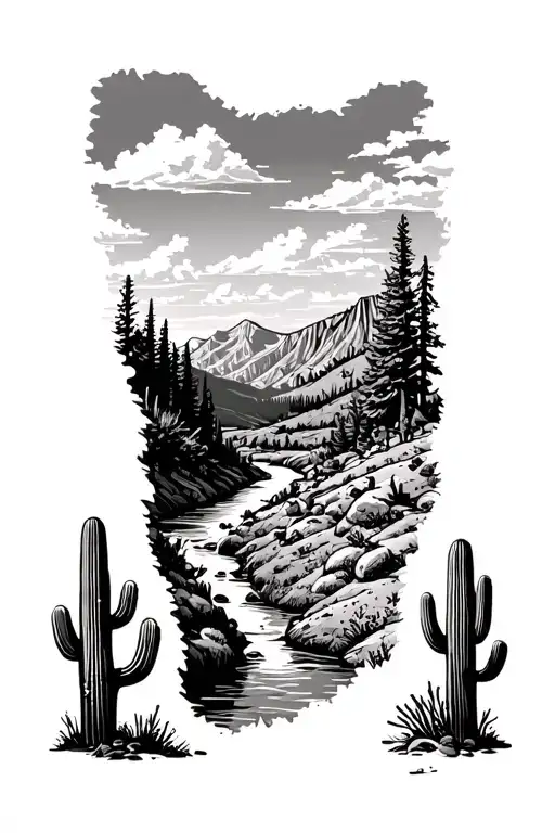 Colorado river running from the Colorado mountainous forests down the the Arizona desert landscape with cacti