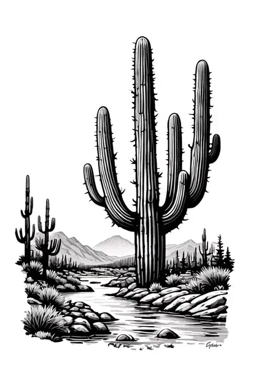 Colorado river running from the Colorado mountainous forests down the the Arizona desert landscape with cacti - Variation 2