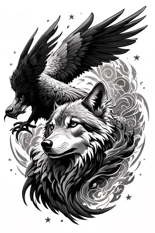phoenix & wolf sleeve tattoo - Variation 2