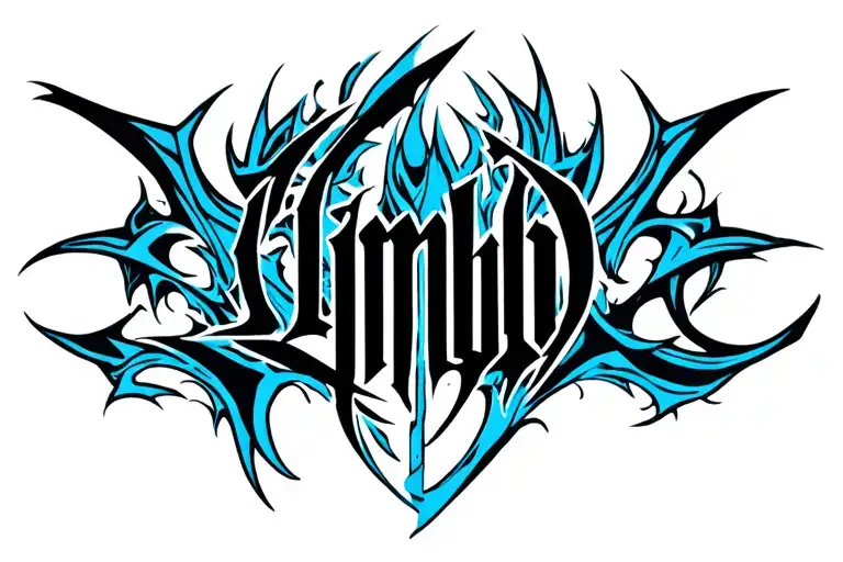 a sophisticated neo-tribal tattoo consisting of thin black and blue lines with black lettering in gothic font limbo - Variation 2