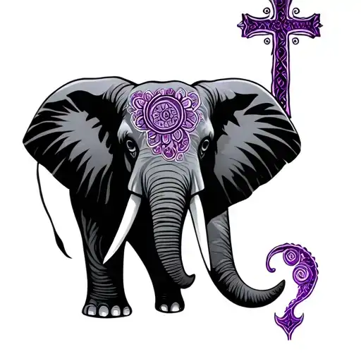 Elephant, cross, and semi-colon (teal and purple)