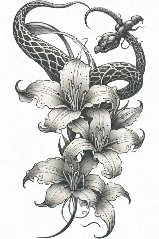 a snake design wrapping around a spider lily flower