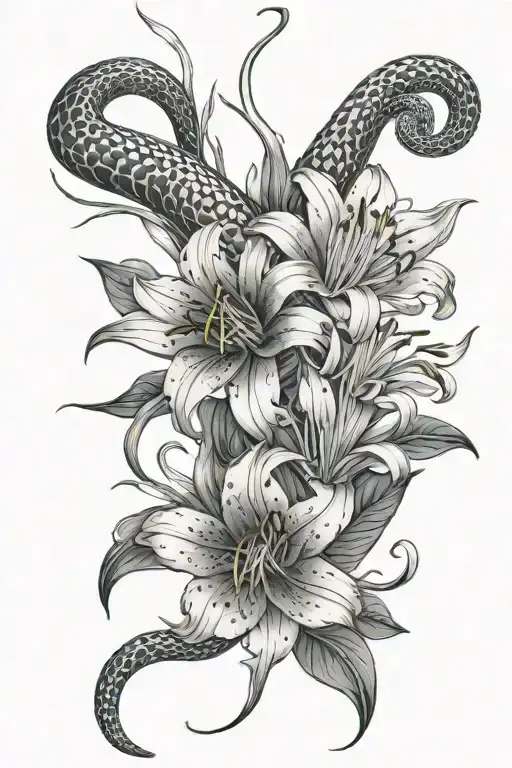 a snake design wrapping around a spider lily flower - Variation 2